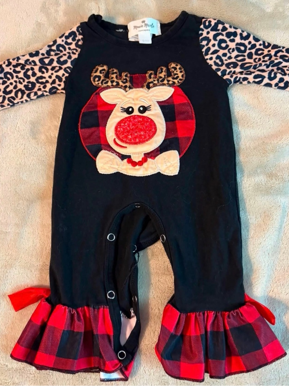 Buffalo Plaid Reindeer Ruffle Romper and Burt’s bees sleepers 0-3 Christmas
